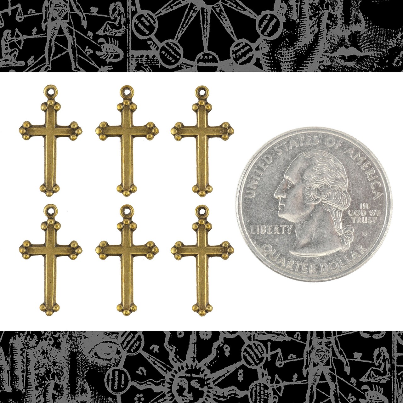 Antiqued Brass Delicate Christian Cross Charms - Set of Six - AB-C83